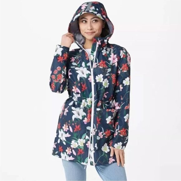 Nuage Waterproof Raincoat Jacket Patch Pockets Back Vent Navy Blue Floral L NEW - Picture 1 of 14